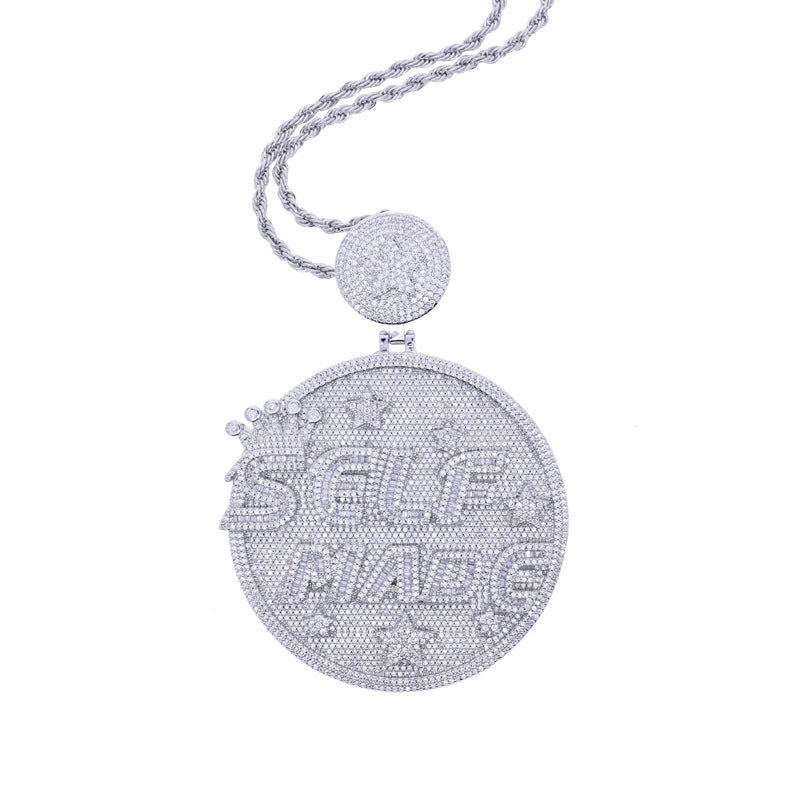 Amazon three alloy SELFMADE letter round pendants European and American trend inlaid zircon men's necklace wholesale