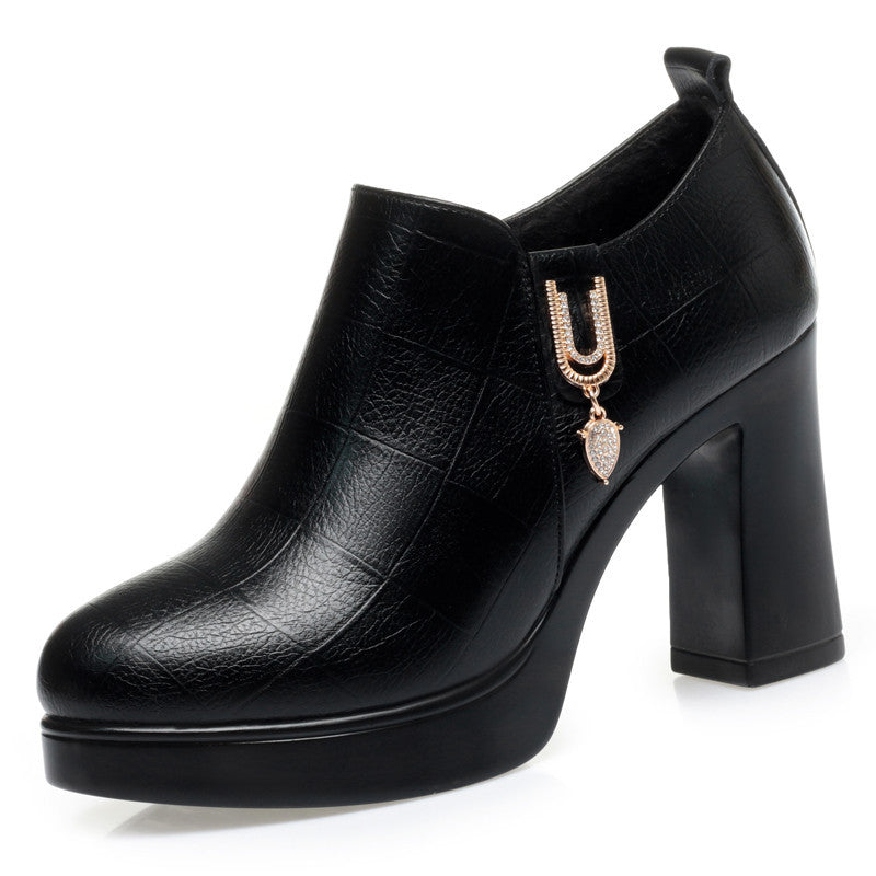 Deep-edged single shoes women's spring and autumn new high heels, thick heels fleece platform, thick soles do not tire the feet, middle-aged women's leather shoes