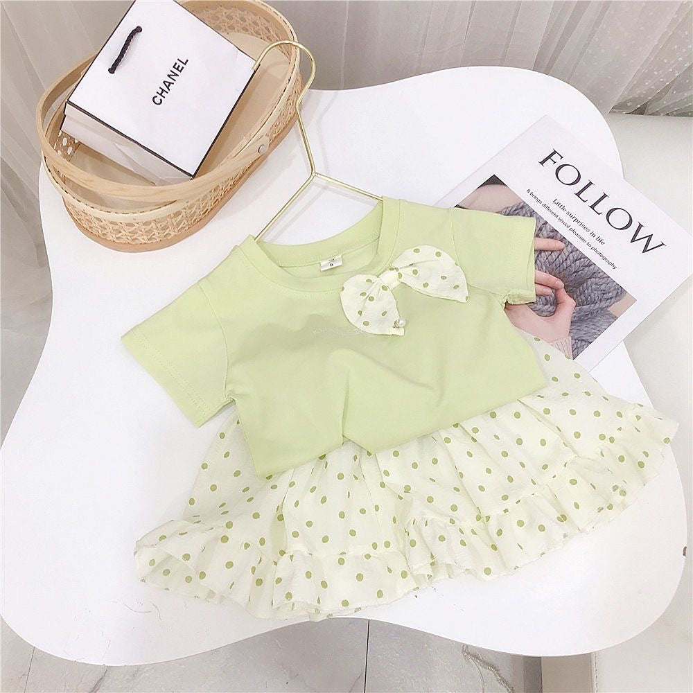 Summer girls children's short-sleeved T-shirt top + polka dot skirt two-piece children's foreign style T-shirt suit