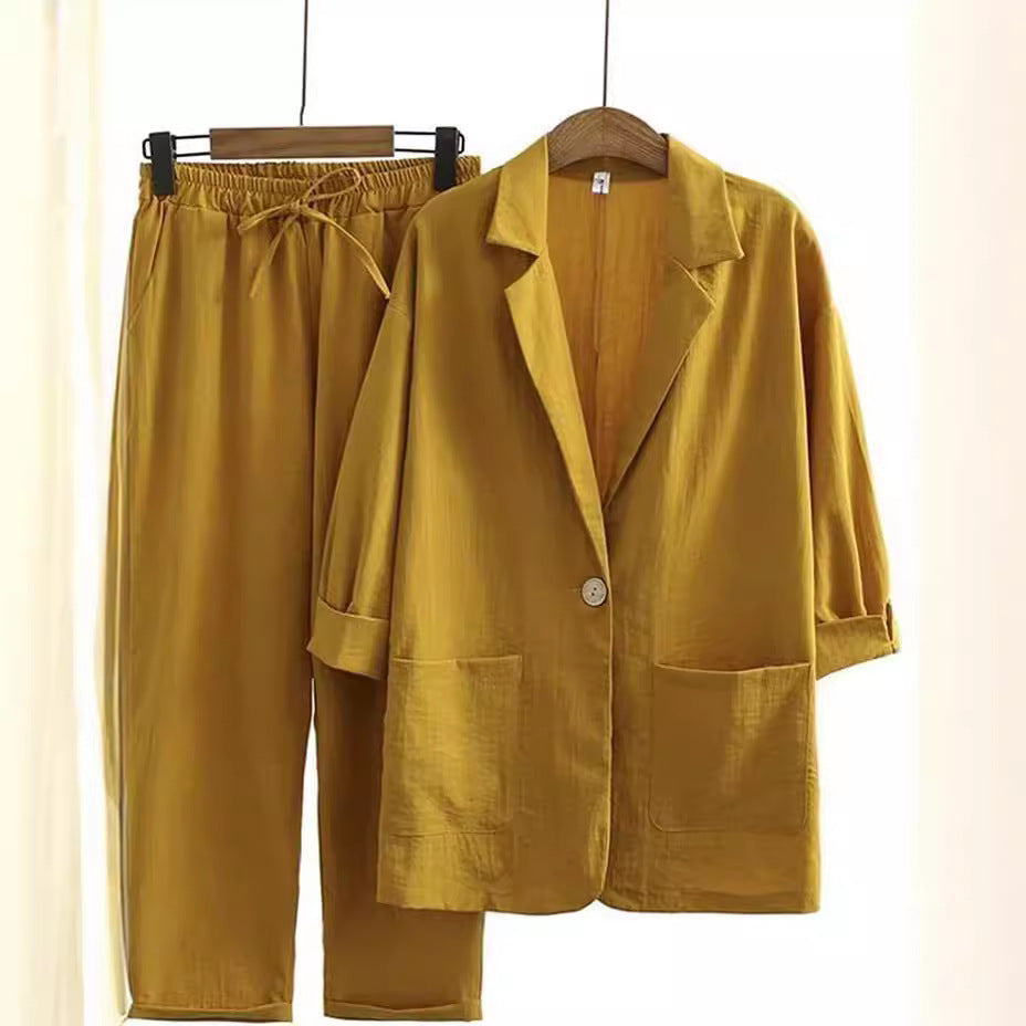 2025 European and American New Women's Autumn Commuter Suits Cotton and Linen Jacket Pants Pockets Loose Fashion Casual Wear