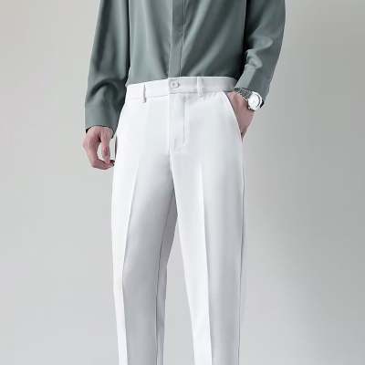 Foreign trade cut label small suit pants men's cropped slim straight slacks, ice silk men's drape black suit pants
