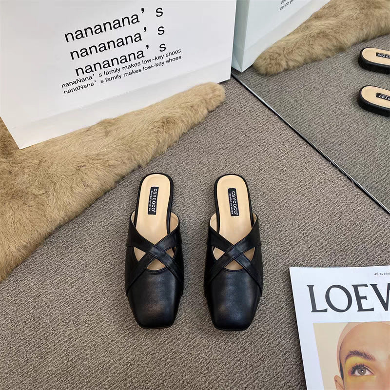 French-style Baotou sandals for women to wear retro and versatile square toe Korean version of crossover strap Baotou Four Seasons shoes for women 1