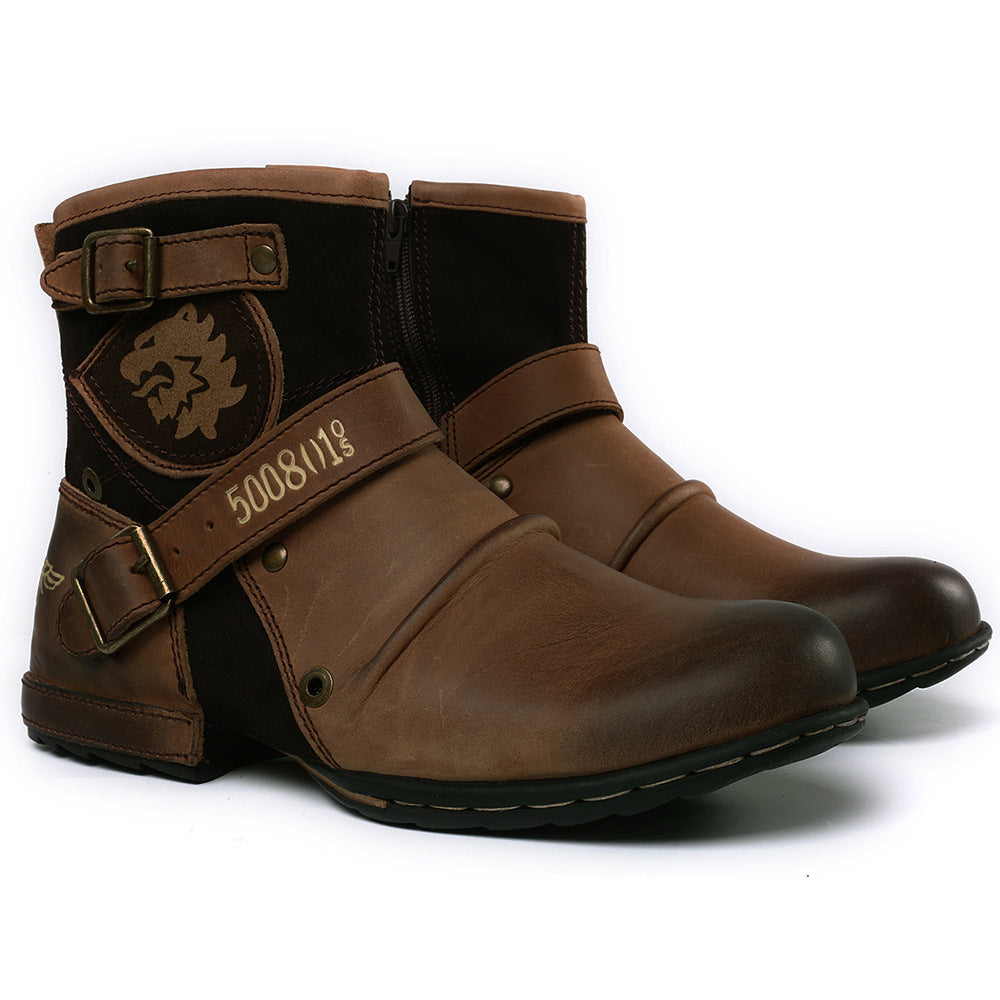 HPIOPL Cross Border 5008 Cross Border Round Toe Vintage Metal Buckle Side Zipper Men's Boots Martin Boots Men
