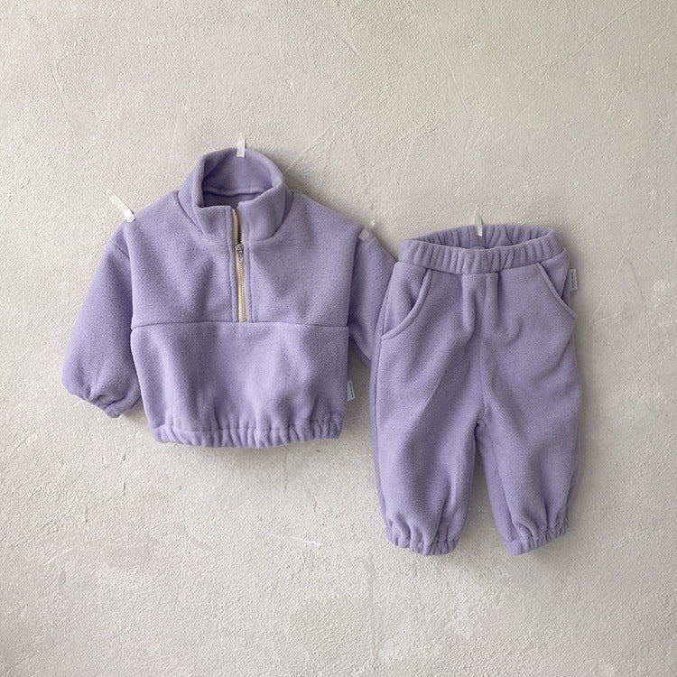 2025 Fall/Winter Baby Double-Sided Fleece Stand Collar Sports Set Baby Fleece Set Baby Wear Two-Piece Outer Set