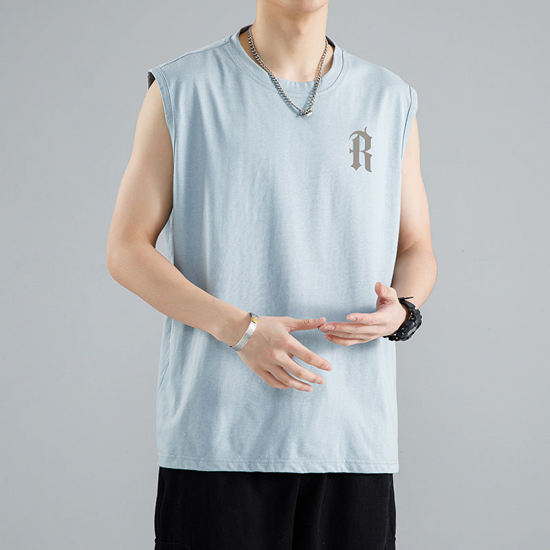 Sleeveless T-shirt men's summer thin ice fashion brand athleisure shoulder vest fashion versatile loose top