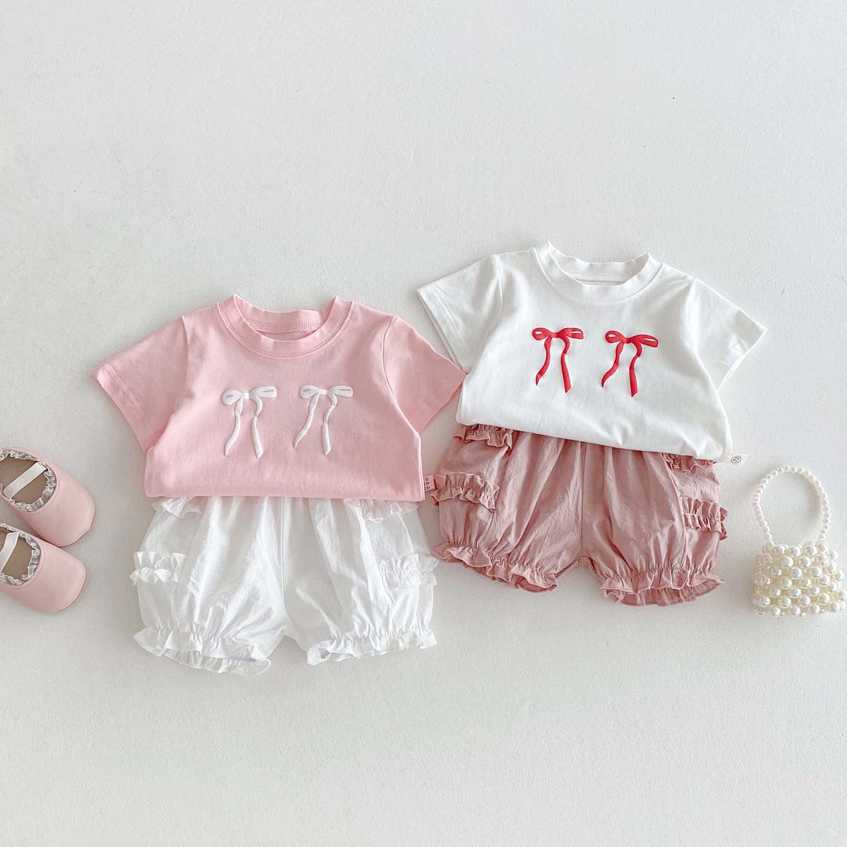 Baby summer thin cotton bud pants shorts, baby girls solid color fungus edge, sweet casual pants are versatile