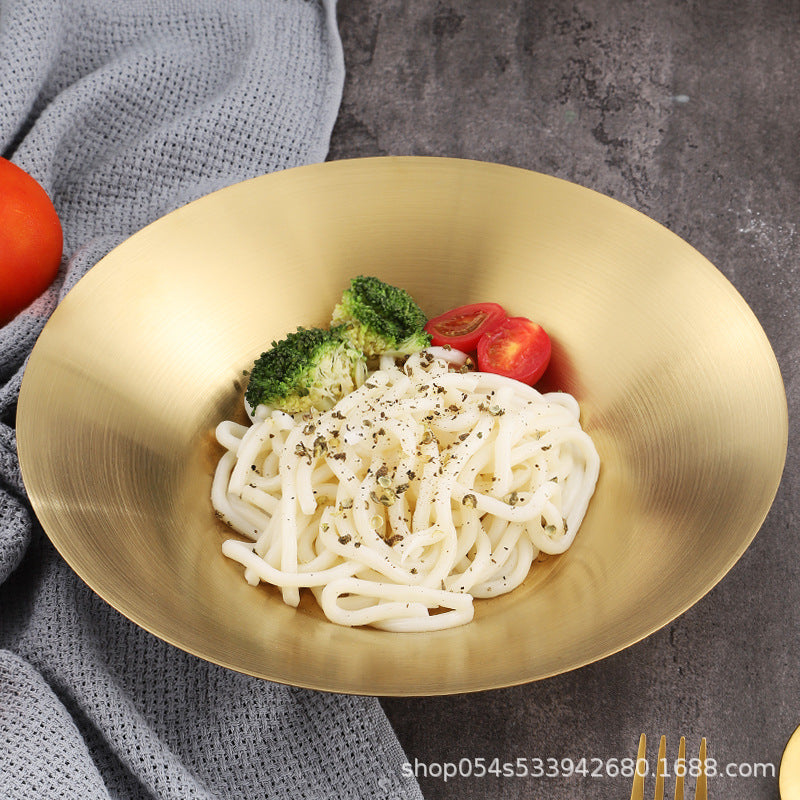 Korean stainless steel pasta plate commercial deepening plate for serving vegetables and fruit ramen mixed noodles round plate custom logo
