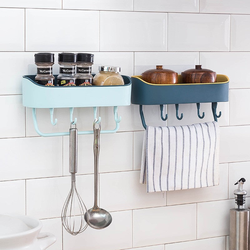 New two-color household 4-hook bathroom storage rack Bathroom multi-functional wall-suction wall-free wall-mounted shelf