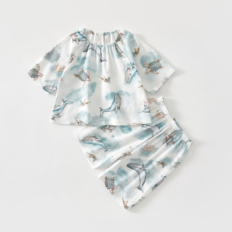 Korean vintage floral pajamas baby print casual two-piece summer new gauze set baby loungewear