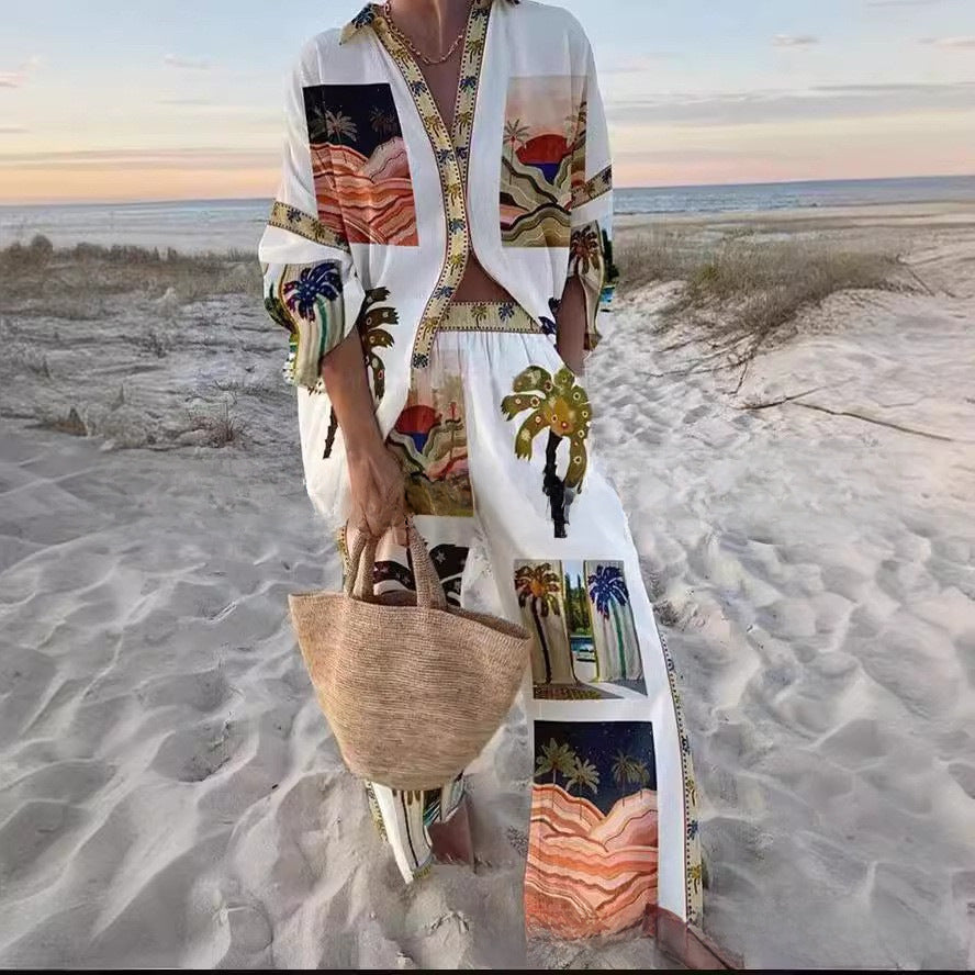 2024 cross-border Amazon AliExpress 3D digital printing fashion women's long sleeve shirt long pants cover POD customization
