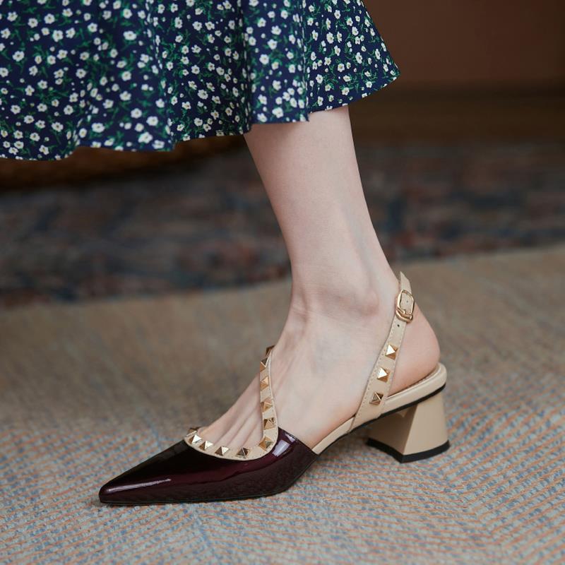 This year's popular Baotou Sandals Women's Spring/Summer 2023 New Women's Mid-Heel Pointed Toe Back Space Block Heel Stud Heels