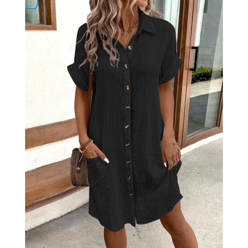 2025 AliExpress wish Amazon hot summer simple V-neck button cotton and linen dress women's shirt dress