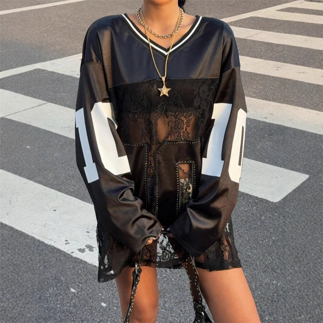 European and American summer new women's clothing, cross-border foreign trade, personality trendy style, printed lace, see-through V-neck sweatshirt