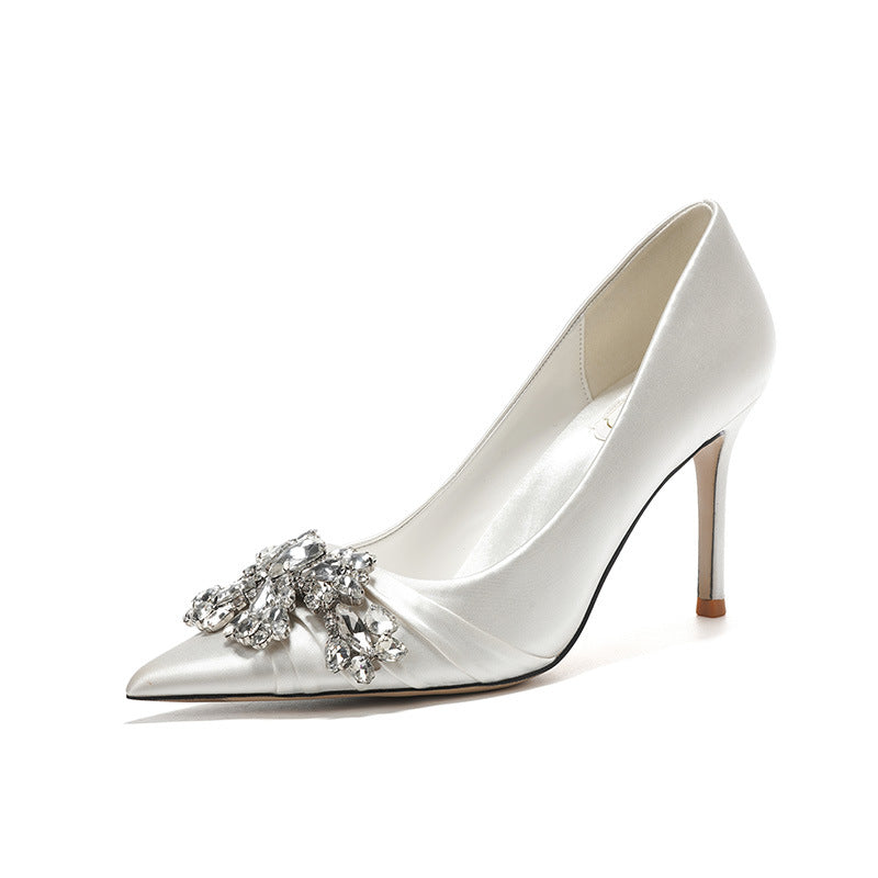 French high heels women's 2025 new rhinestone white wedding bridal shoes temperament celebrity hollow dress single shoes