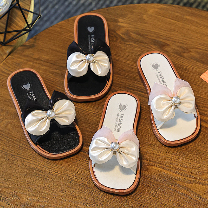 Girls' slippers, pearl bows, versatile, summer new non-slip indoor and outdoor princesses, children's soft-soled beach sandals