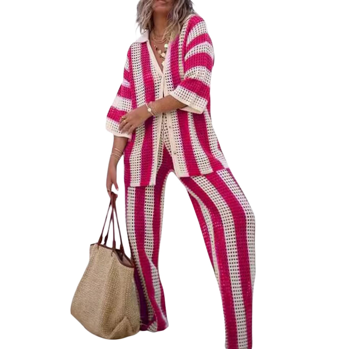Summer European and American Women's Amazon 2024 Fashion V-Neck Cutout Striped Shirt Loose Knit Wide-leg Pants Set