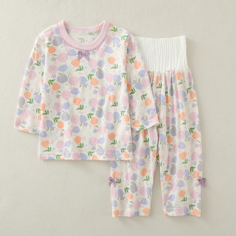 Baby long sleeve suit, cotton summer thin girl air conditioning suit, two-piece high waist belly protection baby loungewear pajamas