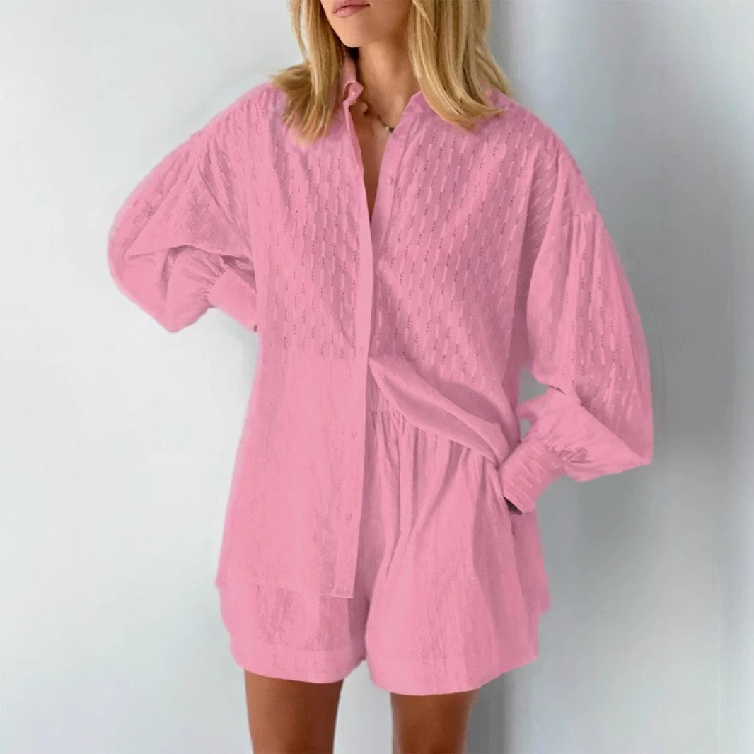 2024 summer women's European and American shirts, jacquard puff sleeves, temperament tops, shorts, commuting design, sense of casual suit