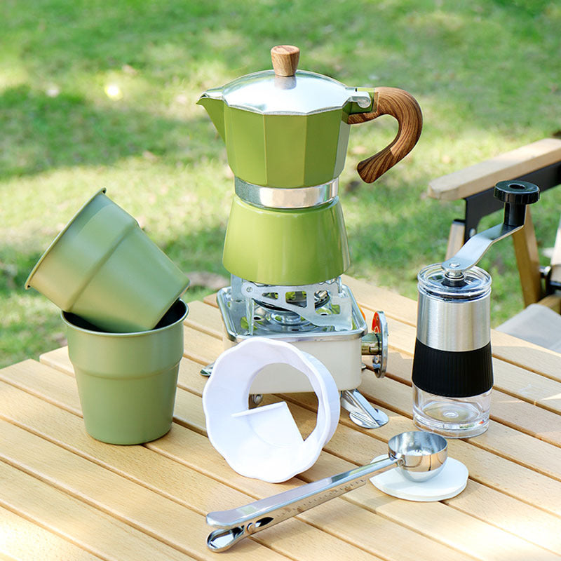 Moka pot set, outdoor camping coffee equipment, brewed coffee set, pour-over coffee pot, travel gear