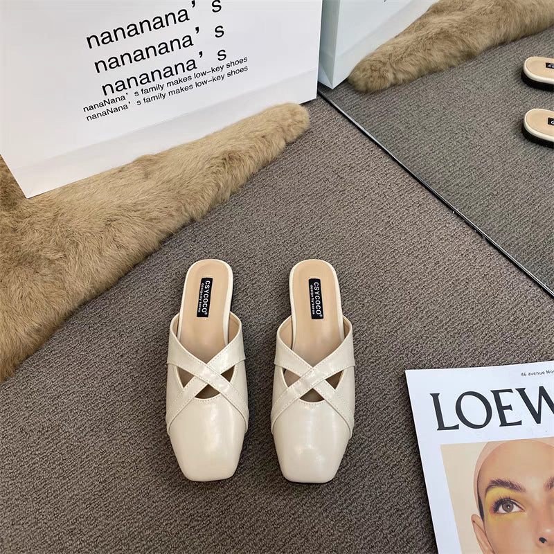 French-style Baotou sandals for women to wear retro and versatile square toe Korean version of crossover strap Baotou Four Seasons shoes for women 1
