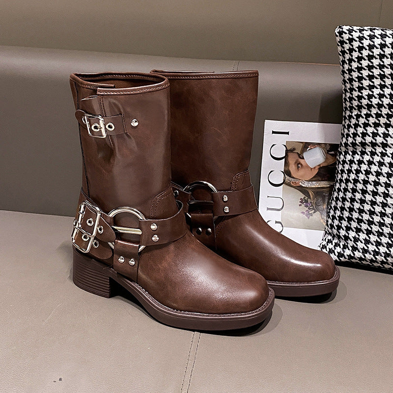 Travel must-wear boots, women's American vintage martin boots, brown high boots, long-cut western cowboy boots, women's boots