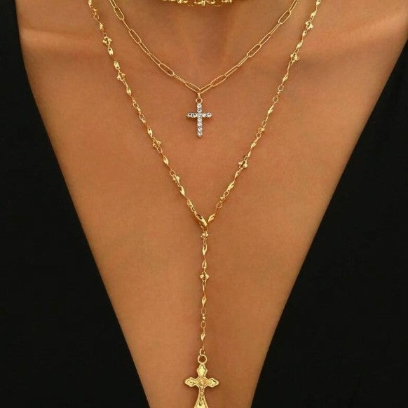 European and American cross-border hip hop ins diamond cross pendant long necklace personality multi-layer clavicle chain female wholesale