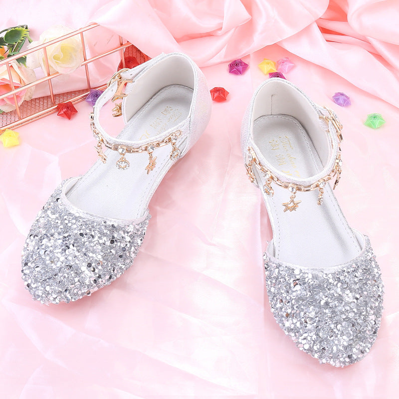 Girls high heels little princess stage show catwalk piano silver with evening dress flower girl crystal girl