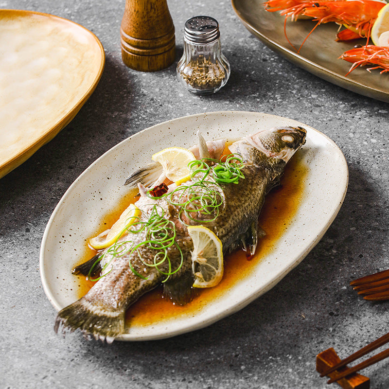 Cross-border Japanese ceramic large oval sashimi plate household fish plate Dan-shaped barbecue plate commercial vegetable plate table tableware