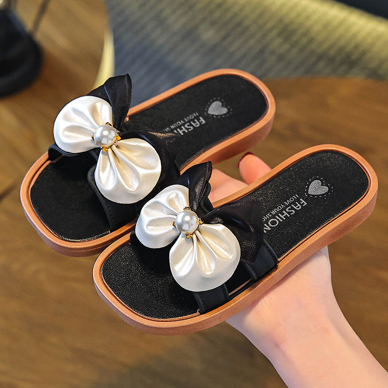 Girls' slippers, pearl bows, versatile, summer new non-slip indoor and outdoor princesses, children's soft-soled beach sandals