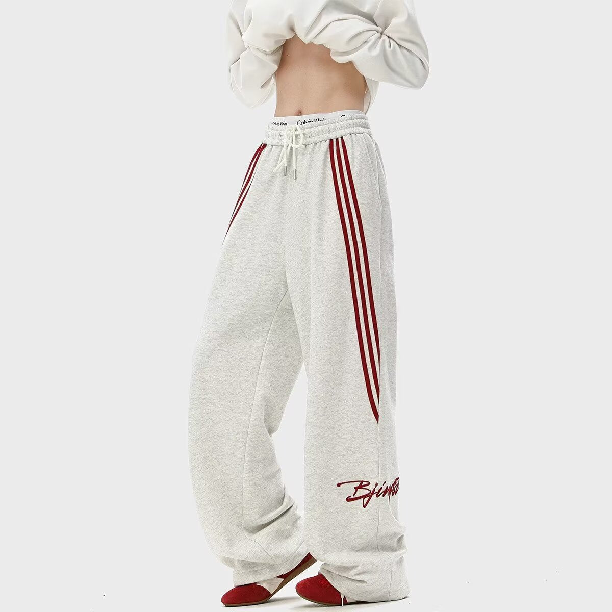 American trendy brand striped sports sweatpants men's spring new high street loose drape straight wide-leg casual long pants