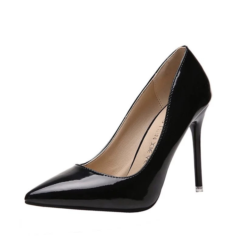Black High Heels Women's Fine Spring and Autumn 2024 New Red Bottom Patent Leather Pointed Toe Sexy Professional Work Single Shoes Pure Lust