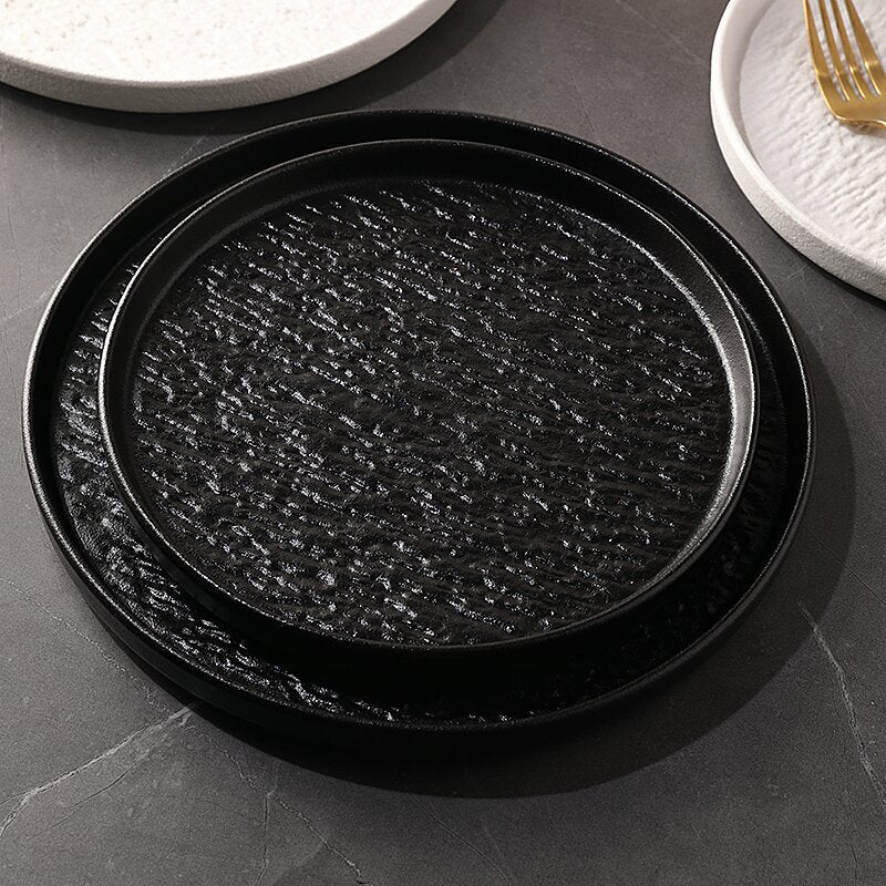 Rock pattern round steak steak plate western food plate japanese simple black and white ceramic restaurant tableware premium sense wholesale
