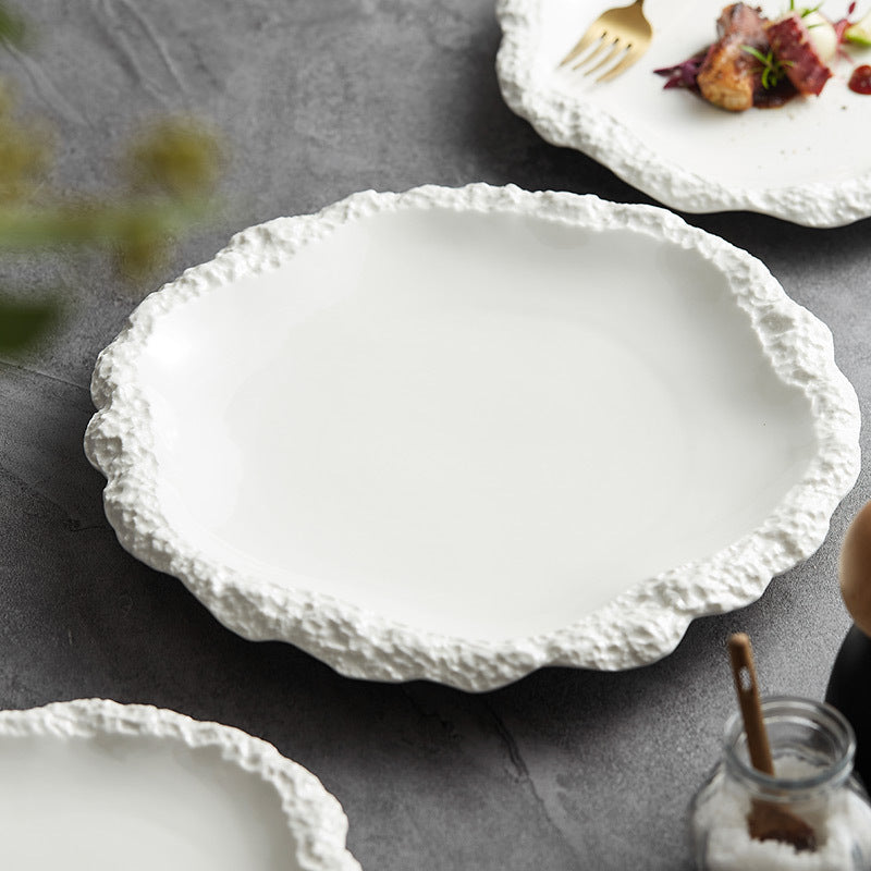 Quality and creative white porcelain private dish plate hotel restaurant stone texture edge characteristic ceramic Internet celebrity tableware