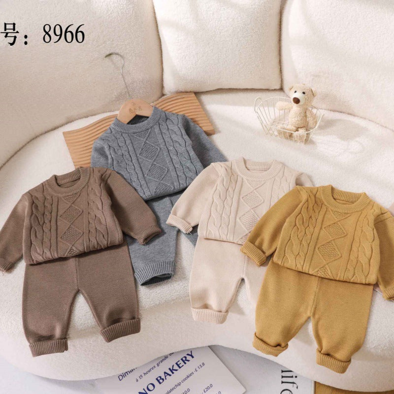 Knitted woolen set for boys and girls vintage cable craft 2024 autumn winter baby Korean sweater knitted trouser cover