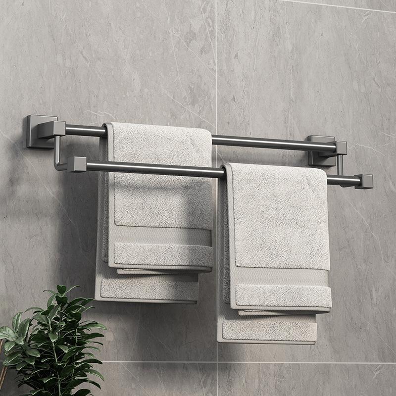 Gun gray stainless steel towel rack towel pole non-perforated single pole toilet double rod bath towel rack bathroom shelf hotel