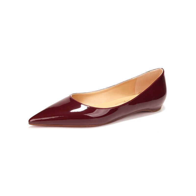Women's pointed toe inner height: 3CM heel flat shoes, patent leather solid color, versatile casual pumps