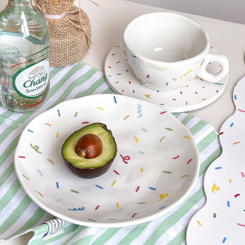 Original embossed sugar needle Korean hand-painted ceramic tableware household cute dish set bowl and plate combination housewarming gift