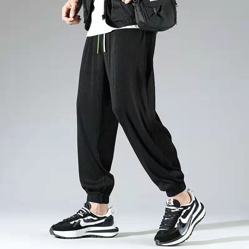 Casual pants men's summer ice silk stripe ultra-thin breathable sports stretch loose straight drape feeling wide-leg trousers