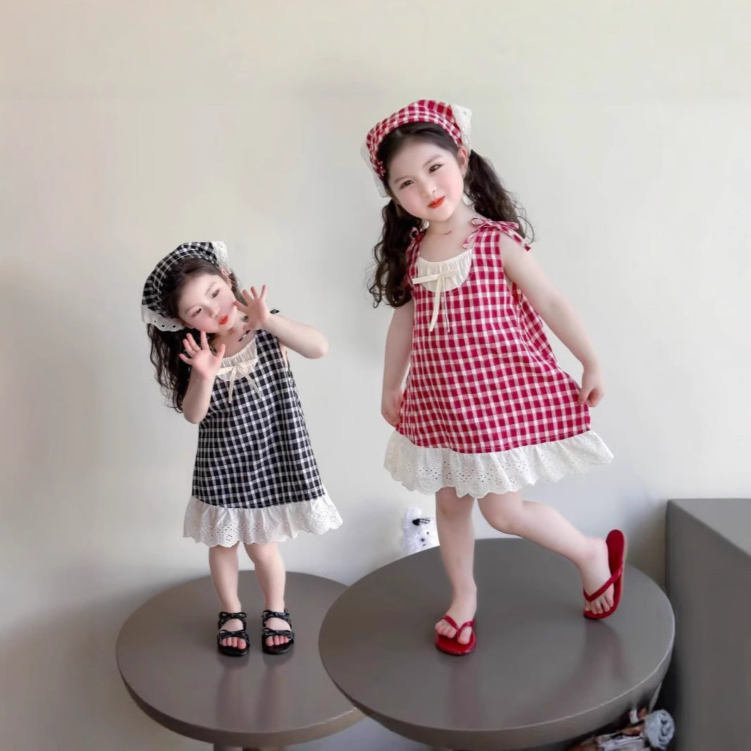 2025 New Summer Girls Girls Children's Sleeveless Lace Plaid Skirt Red Princess Foreign Style Dress Plaid
