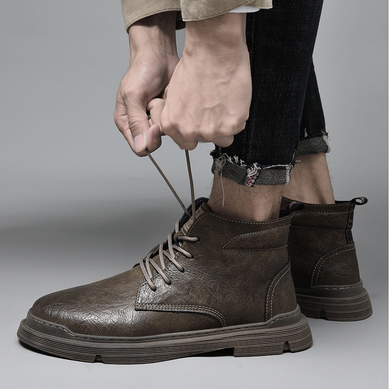 High Top Men's Leather Boots Winter Men's Car Stitching Warm Spot Martin Boots Brown Round Toe Pile Shoes Casual Men's Shoes