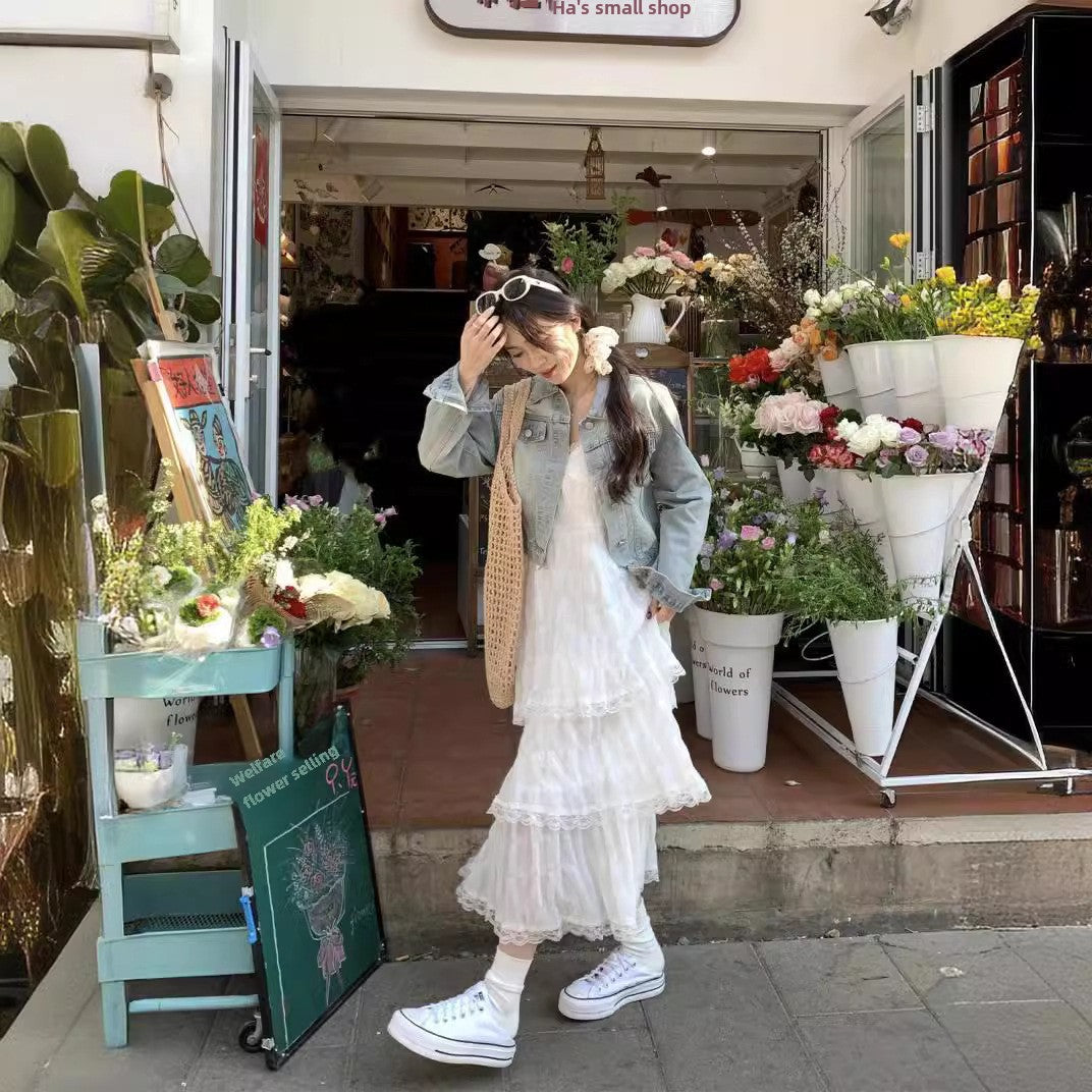 Sweet age reduction white french slip dress women's summer resort style small man loose cake long skirt