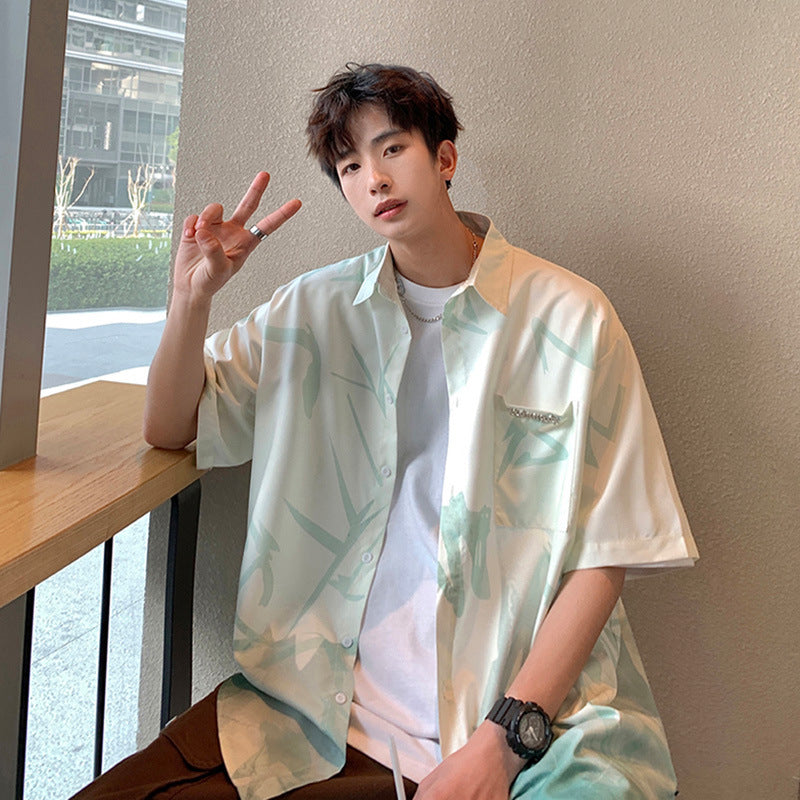 Ice silk cool shirt men's summer fashion brand design sense high-end gradient ink painting versatile couple loose shirt