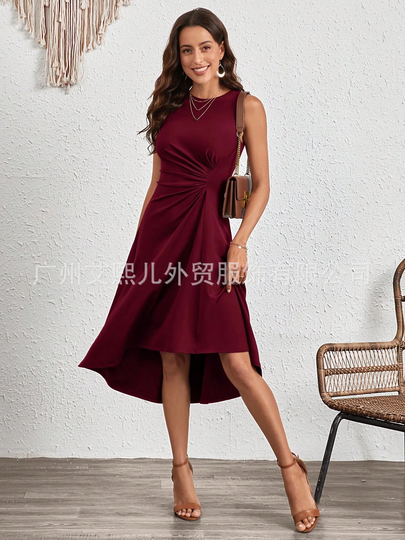2025 Summer European and American Amazon Cross-border Women's Summer New Fashion Sleeveless Solid Color A-line Crushed Medium Dress