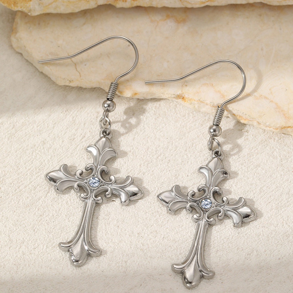 European and American cross-border hot selling gothic style vintage cross pendant earrings personalized trend versatile stainless steel ear clips