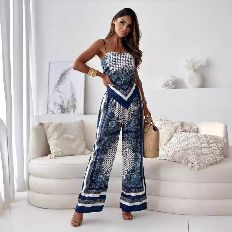 2024 Summer New Amazon Fashion Print Suspender Wrap Chest + Positioning Flower Pants Set 2-Piece Women's Wear