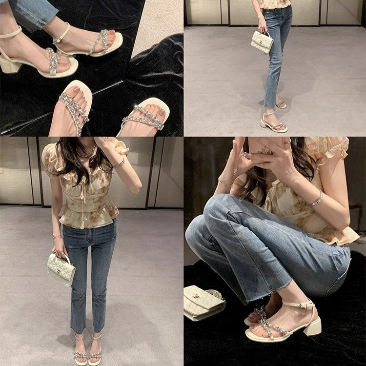 Su Yinyin rock sugar fairy ~ summer new one-line strap sandals French rhinestone open-toe block high heeled sandals women