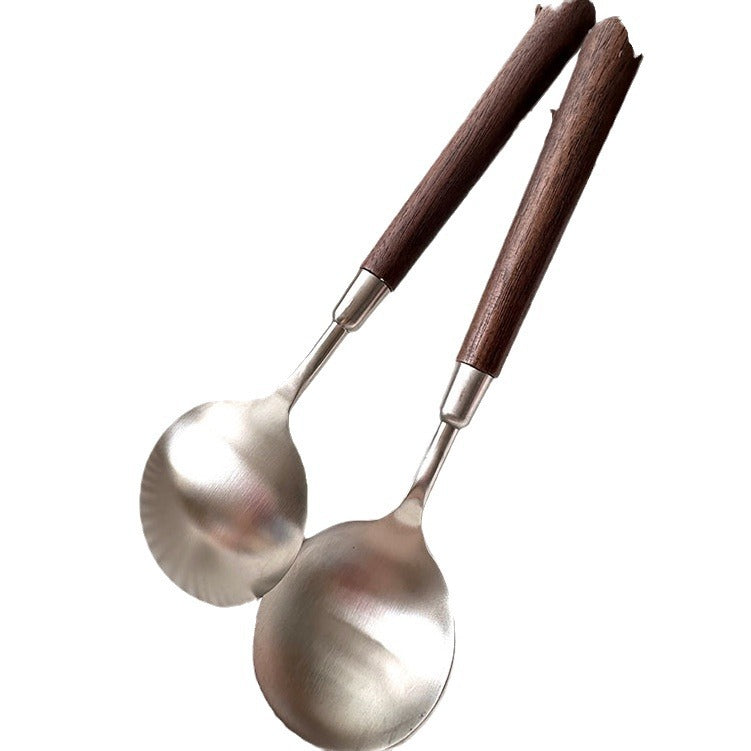 New anti-walnut grain wooden handle spoon Western dinner spoon stainless steel round spoon soup spoon dinner spoon soup spoon soup spoon bigger spoon