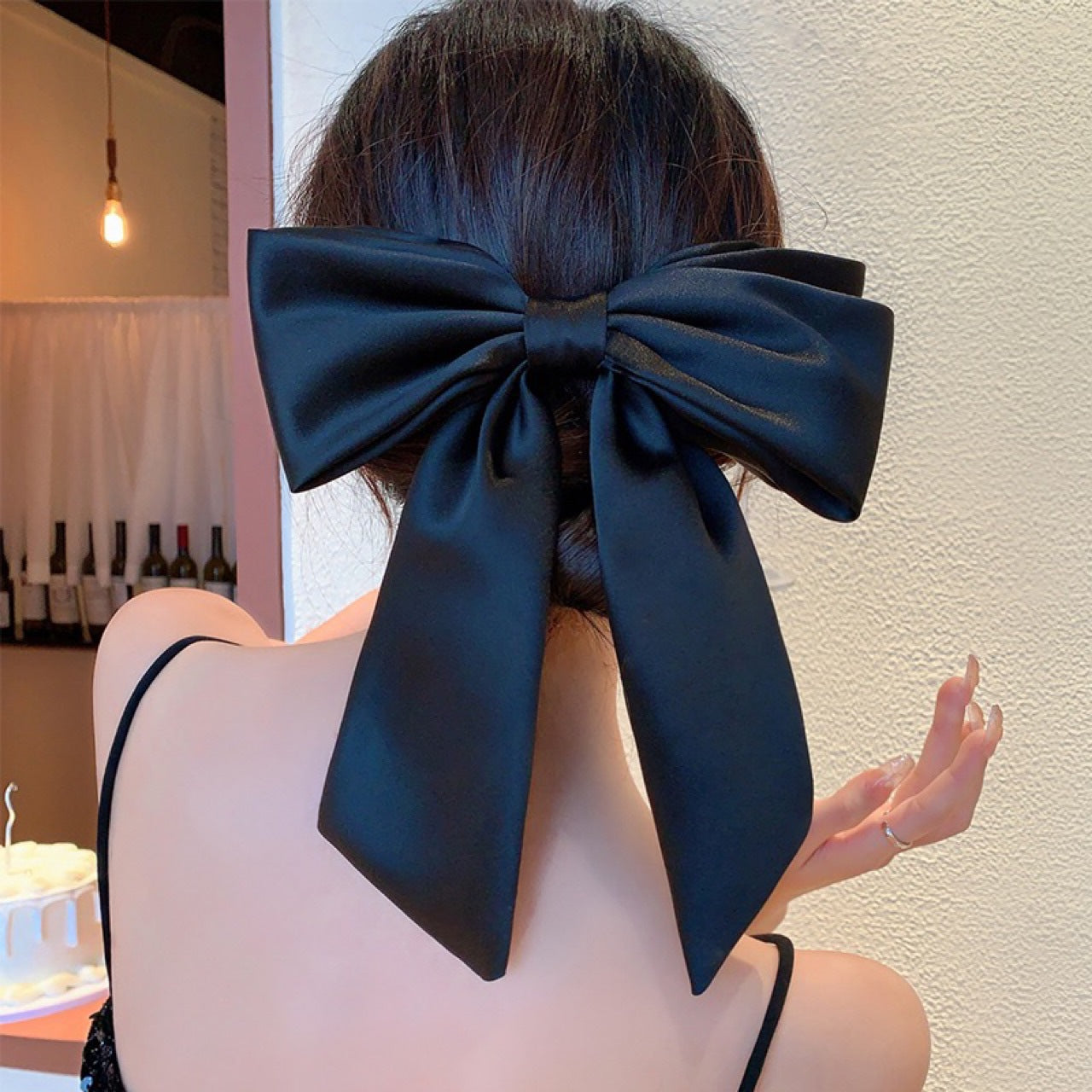 Satin big bow headdress, spring clip, high-quality black back of the head hairpin, hair ornament, hipster girl