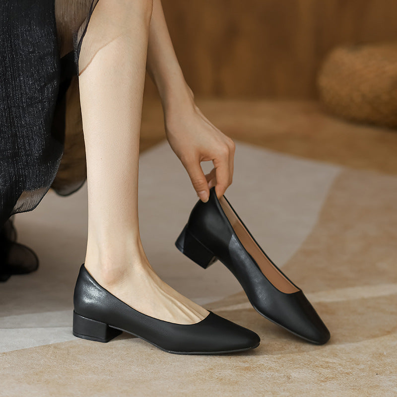 Leather pumps, women's block heels, spring and autumn new versatile square toe medium heel granny shoes, commuter work shoes