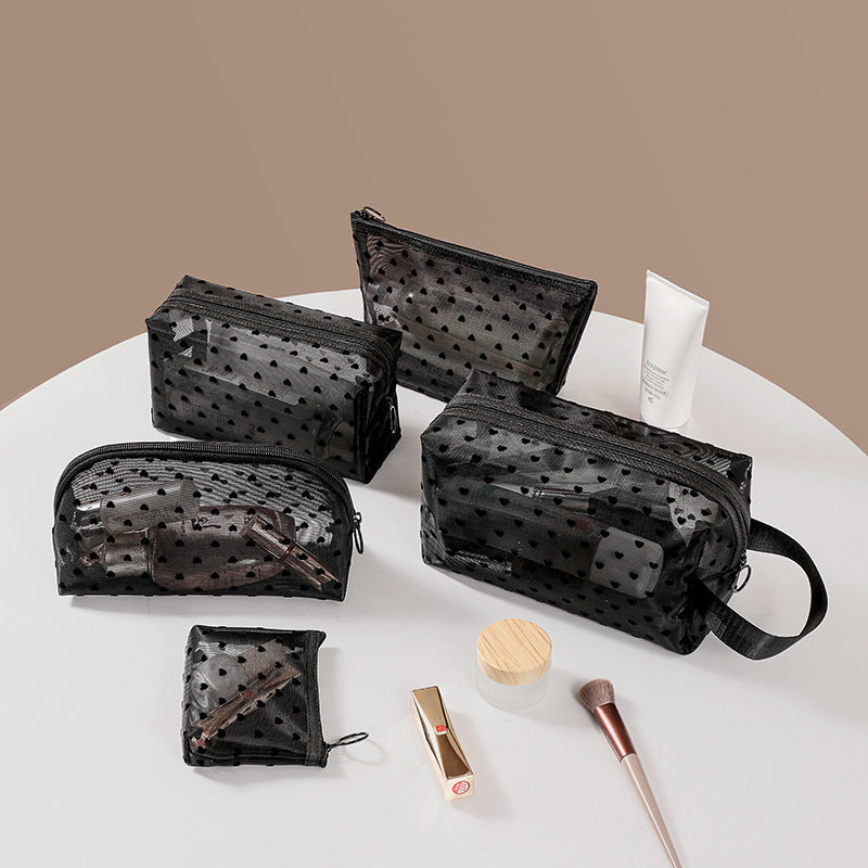 ins Japanese Korean girl heart flocking love mesh cosmetic bag transparent travel storage bag portable lipstick bag wholesale